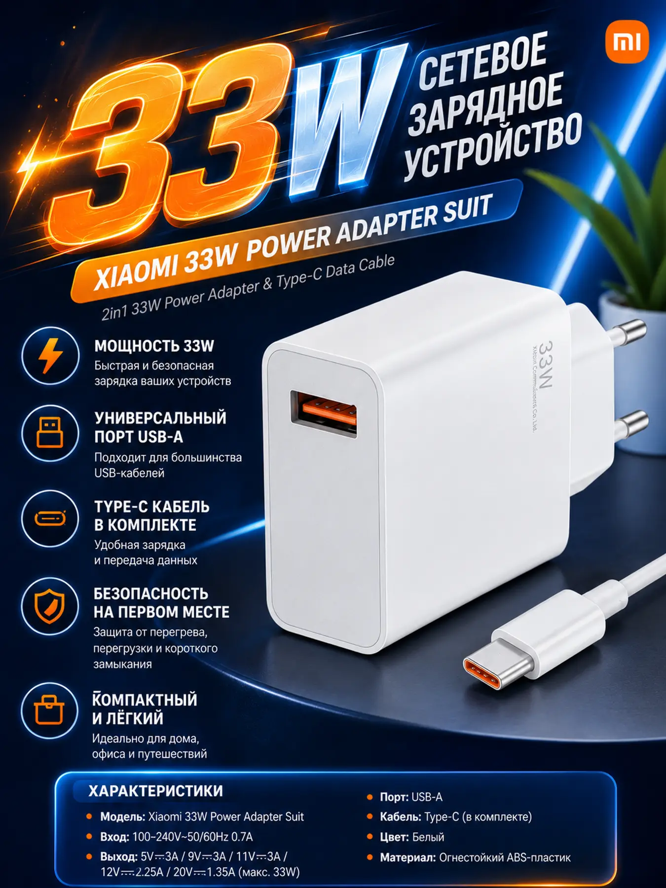 USB-A — Type-C kabelli 33 Vt quvvatli tarmoq zaryadlovchi qurilma