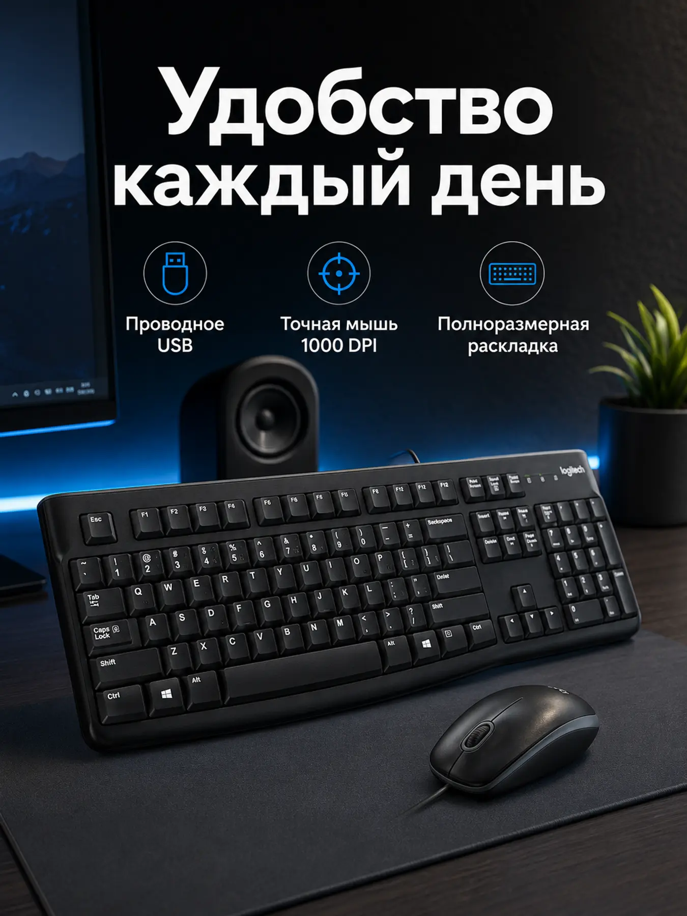 Комплект клавиатура и мышь Logitech MK120 USB Black, 1000 DPI