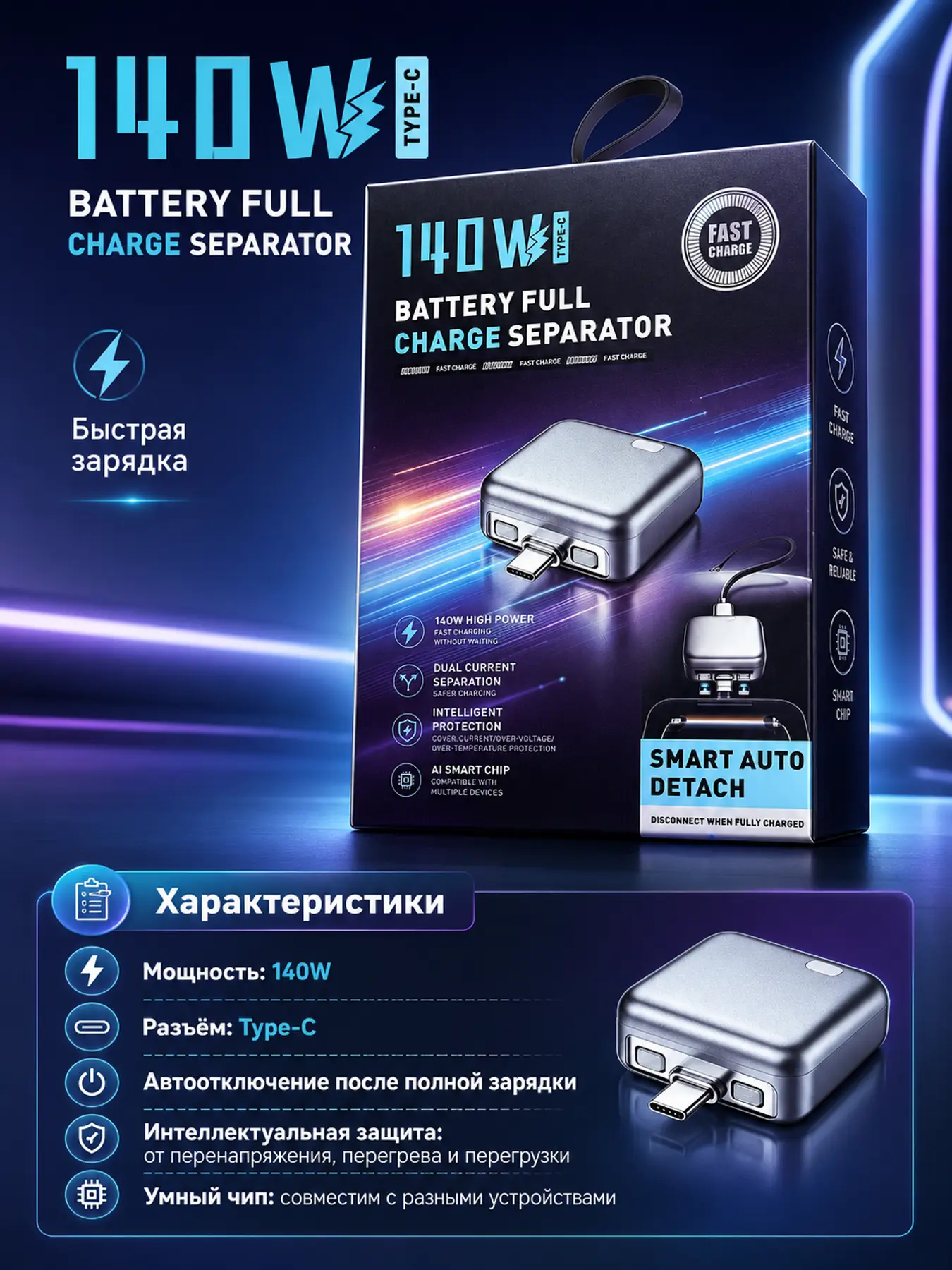 StopCharge Type-C 140W aqlli zaryad adapteri, avtomatik o‘chirish bilan