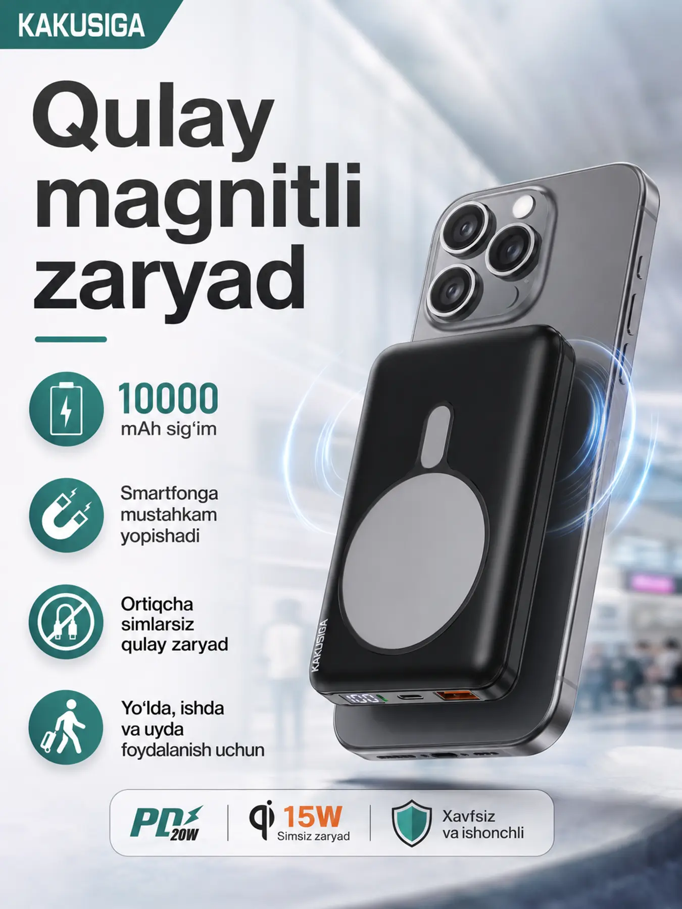 Kakusiga magnitli Power Bank 10000 mAh, tezkor zaryad 22.5W, simsiz zaryad 15W