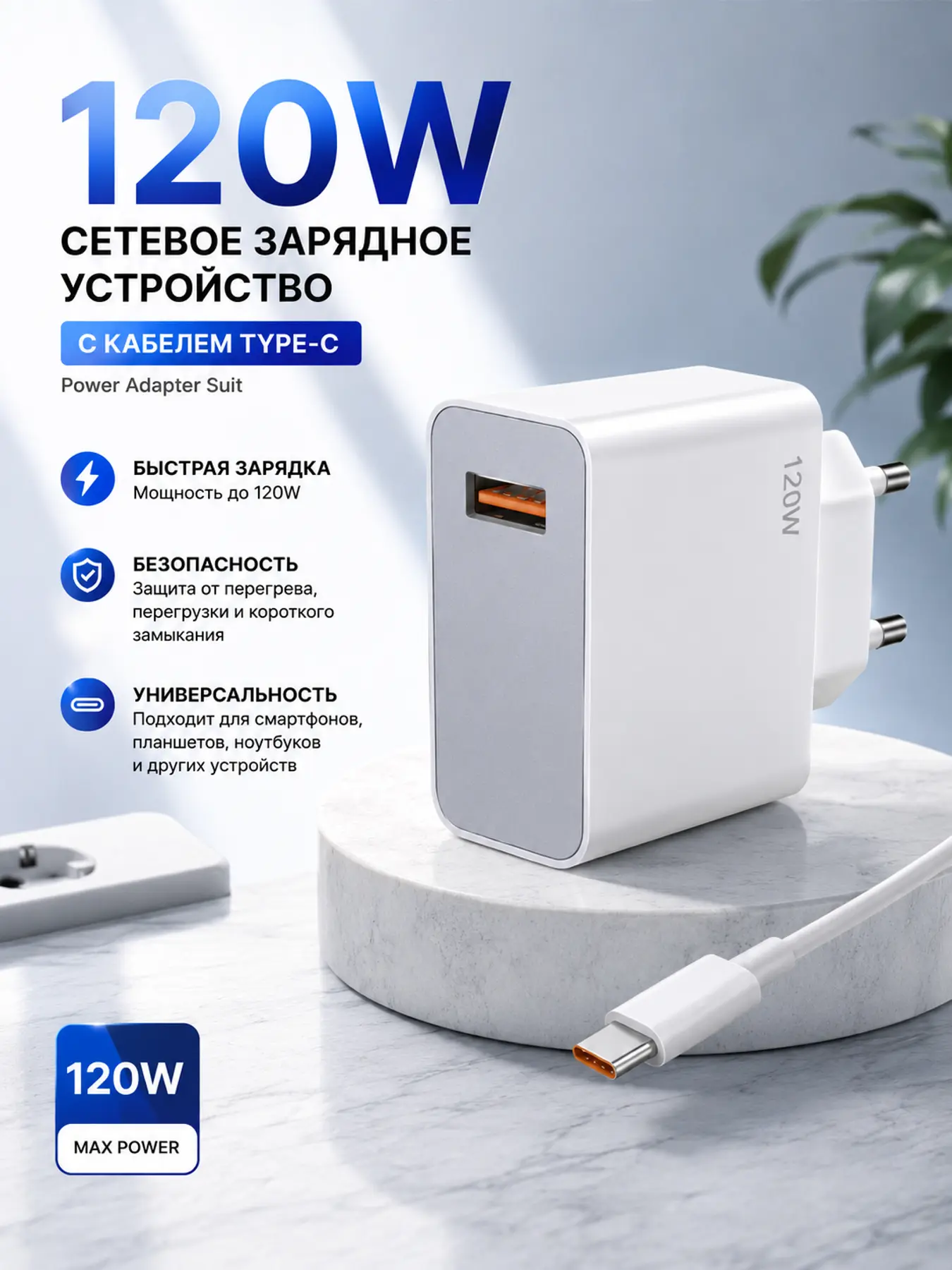 Сетевое зарядное устройство 120 Вт с кабелем Type-C